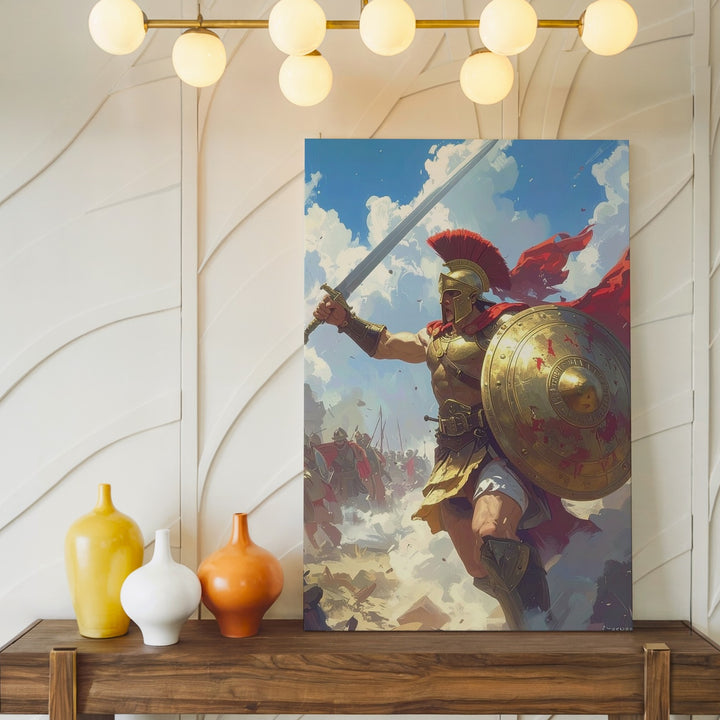 Battleborn Greek Warrior Canvas – Epic Low-Angle Hero in Combat - Gifitto