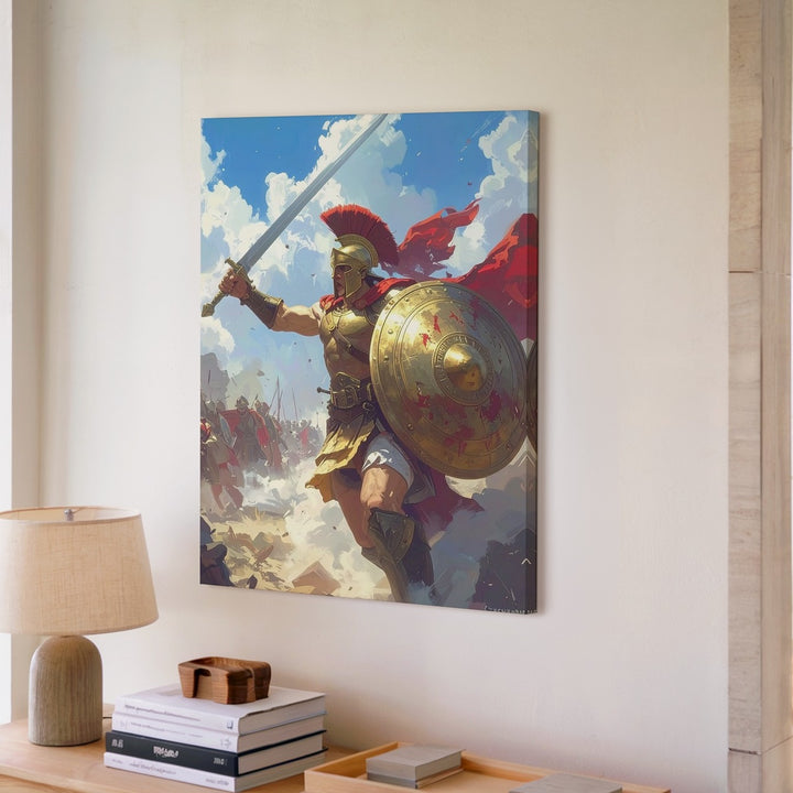 Battleborn Greek Warrior Canvas – Epic Low-Angle Hero in Combat - Gifitto