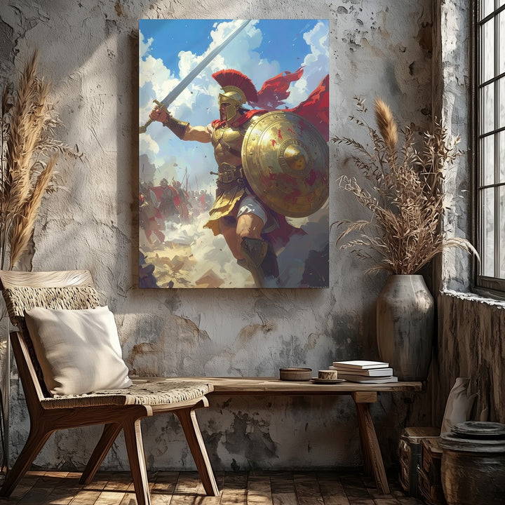 Battleborn Greek Warrior Canvas – Epic Low-Angle Hero in Combat - Gifitto