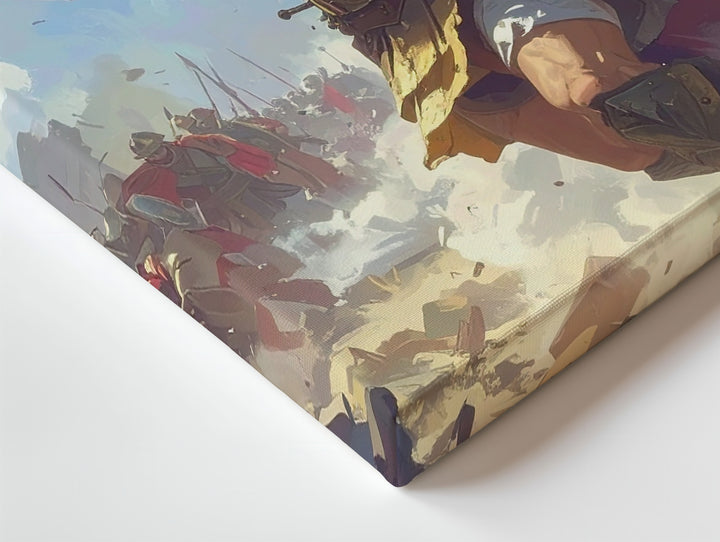 Battleborn Greek Warrior Canvas – Epic Low-Angle Hero in Combat - Gifitto