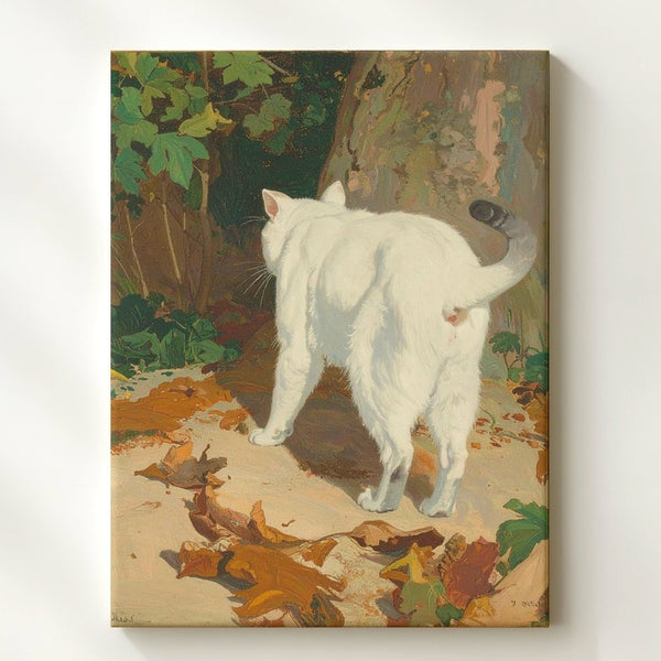 Walking Away Cat Canvas – Painterly White Cat with Autumn Leaves - Gifitto