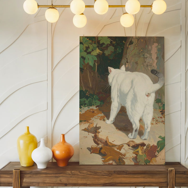 Walking Away Cat Canvas – Painterly White Cat with Autumn Leaves - Gifitto