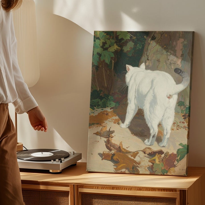 Walking Away Cat Canvas – Painterly White Cat with Autumn Leaves - Gifitto