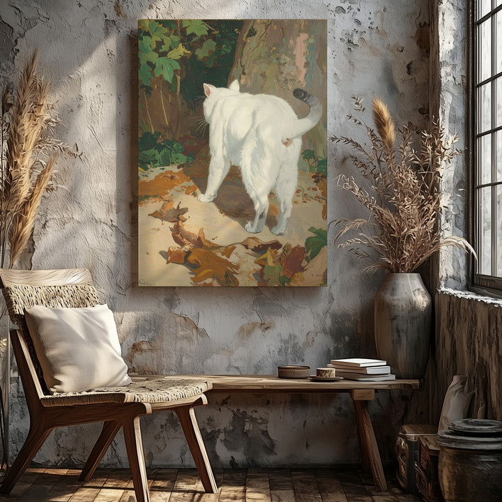 Walking Away Cat Canvas – Painterly White Cat with Autumn Leaves - Gifitto