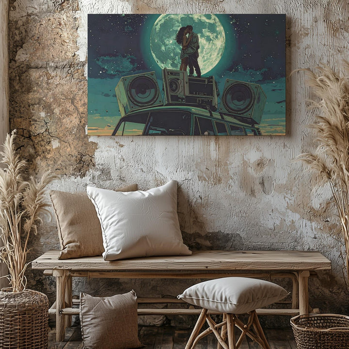 Retro Van Moonlight Romance Canvas – Cosmic Love and Adventure Art - Gifitto