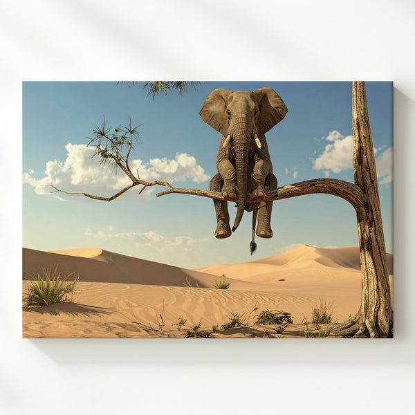 Surreal Elephant on Branch Canvas – Dreamlike Desert Landscape Wall Art - Gifitto