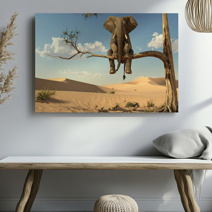 Surreal Elephant on Branch Canvas – Dreamlike Desert Landscape Wall Art - Gifitto