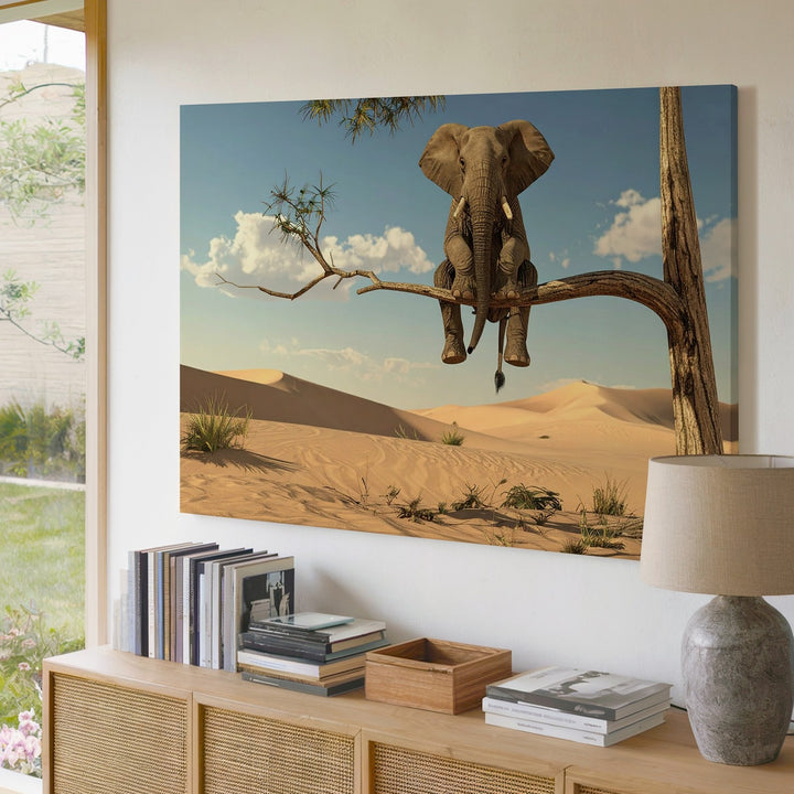 Surreal Elephant on Branch Canvas – Dreamlike Desert Landscape Wall Art - Gifitto