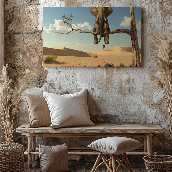 Surreal Elephant on Branch Canvas – Dreamlike Desert Landscape Wall Art - Gifitto