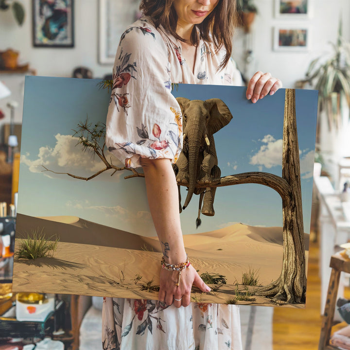 Surreal Elephant on Branch Canvas – Dreamlike Desert Landscape Wall Art - Gifitto