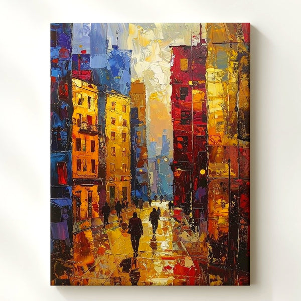Impressionistic City Street Canvas – Vibrant Urban Scene with Golden Reflections
