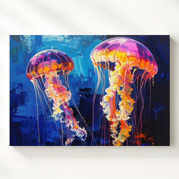 Glowing Jellyfish Duo Canvas – Expressive Underwater Art with Bold Brushstrokes