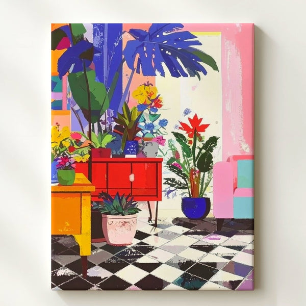 Whimsical Living Room Canvas – Playful Modern Interior with Potted Plants - Gifitto
