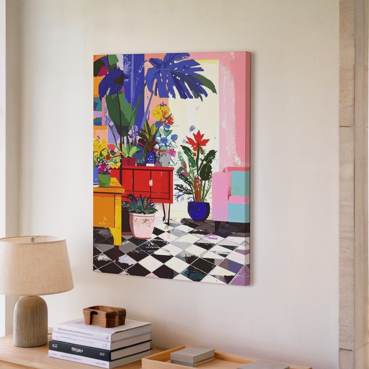 Whimsical Living Room Canvas – Playful Modern Interior with Potted Plants - Gifitto