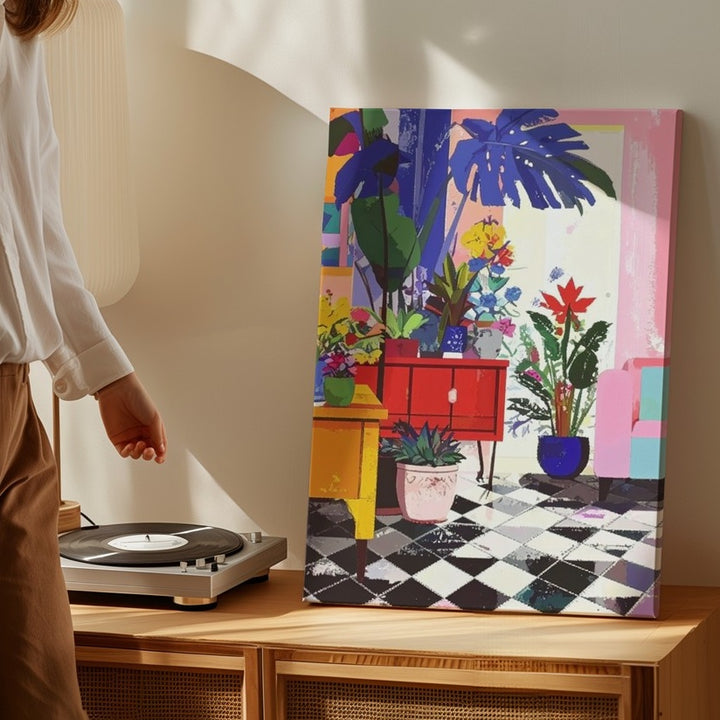 Whimsical Living Room Canvas – Playful Modern Interior with Potted Plants - Gifitto