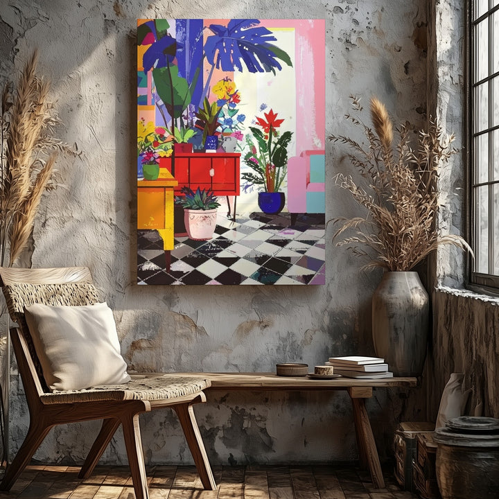 Whimsical Living Room Canvas – Playful Modern Interior with Potted Plants - Gifitto