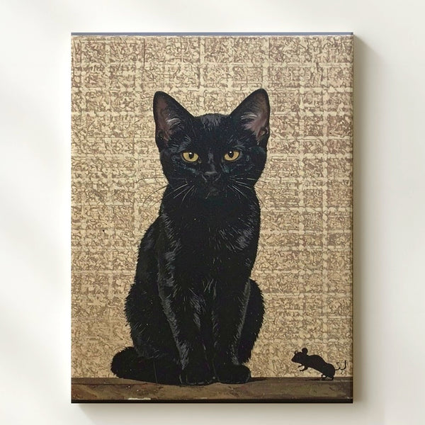 Velvet Black Cat & Mouse Canvas – Minimalist Beige Predator-Prey Art - Gifitto