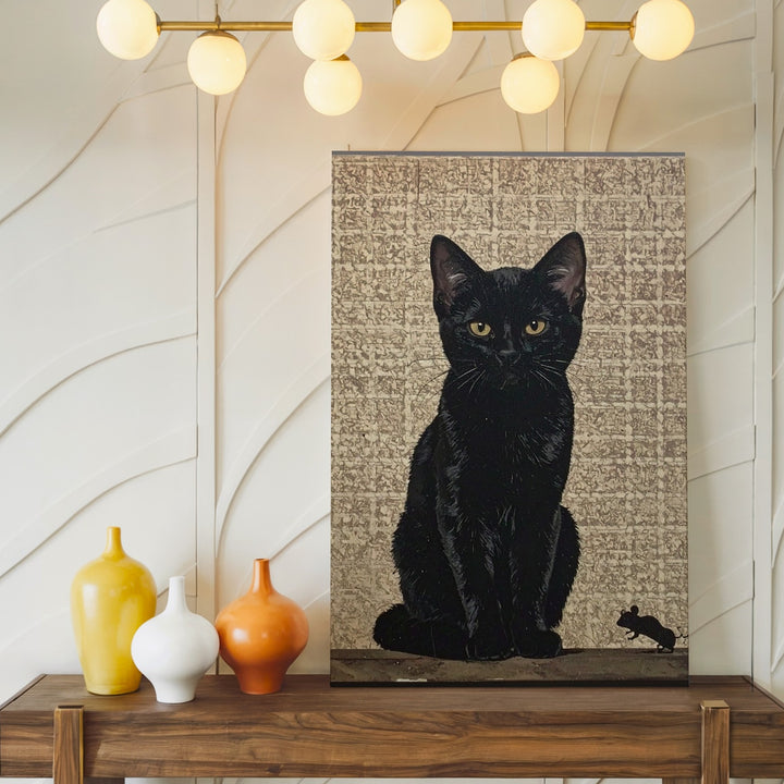 Velvet Black Cat & Mouse Canvas – Minimalist Beige Predator-Prey Art - Gifitto