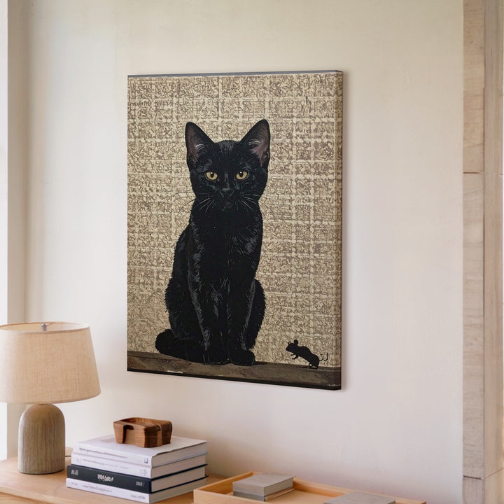 Velvet Black Cat & Mouse Canvas – Minimalist Beige Predator-Prey Art - Gifitto