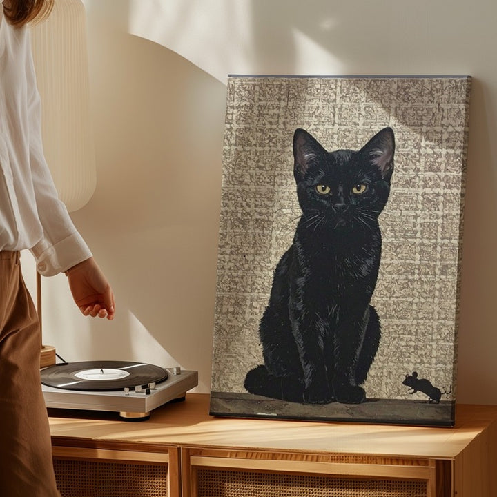 Velvet Black Cat & Mouse Canvas – Minimalist Beige Predator-Prey Art - Gifitto