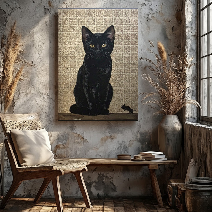 Velvet Black Cat & Mouse Canvas – Minimalist Beige Predator-Prey Art - Gifitto