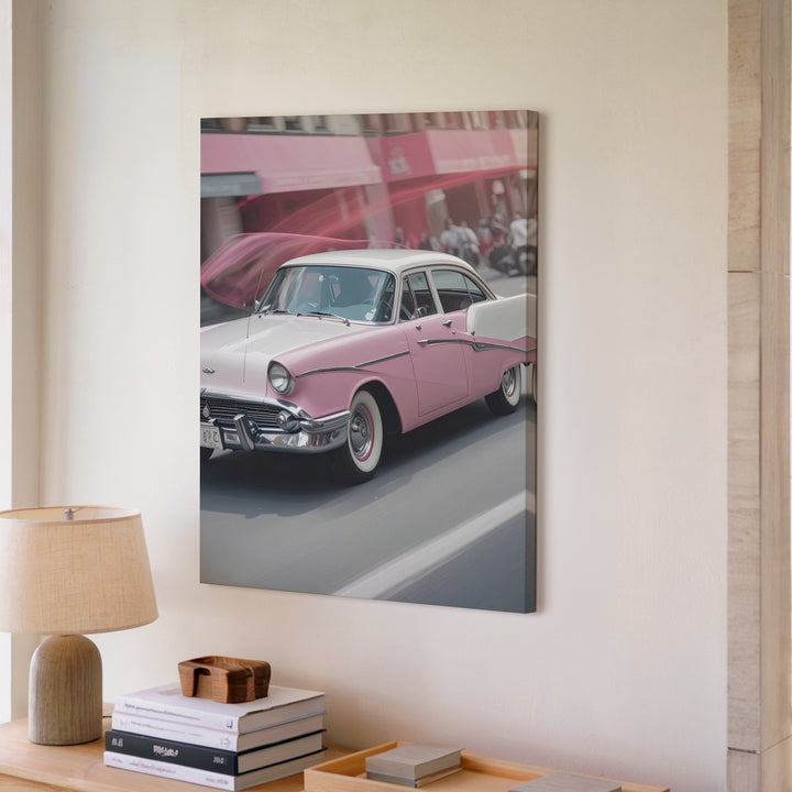 Pink Fairlane in Motion Canvas – Vintage 1950s Car Street Art - Gifitto