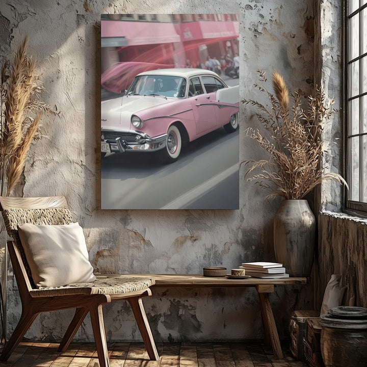 Pink Fairlane in Motion Canvas – Vintage 1950s Car Street Art - Gifitto