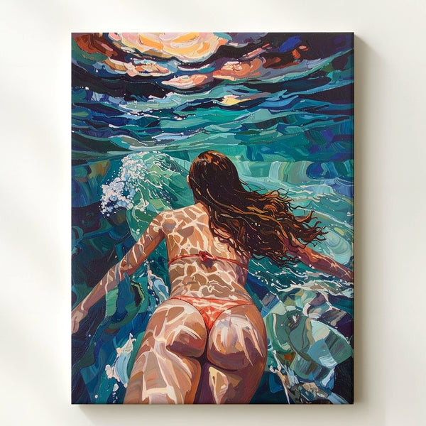 Underwater Swimmer Canvas – Serene Ocean Motion Art with Painterly Style