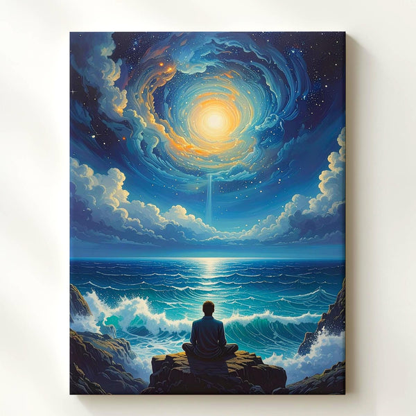 Meditative Ocean Canvas – Tranquil Figure & Spiritual Cosmic Connection Art - Gifitto