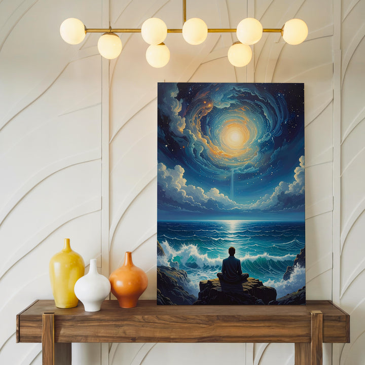 Meditative Ocean Canvas – Tranquil Figure & Spiritual Cosmic Connection Art - Gifitto