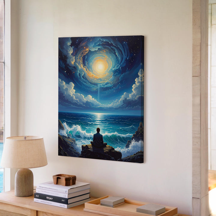 Meditative Ocean Canvas – Tranquil Figure & Spiritual Cosmic Connection Art - Gifitto