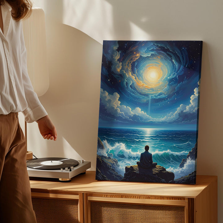 Meditative Ocean Canvas – Tranquil Figure & Spiritual Cosmic Connection Art - Gifitto