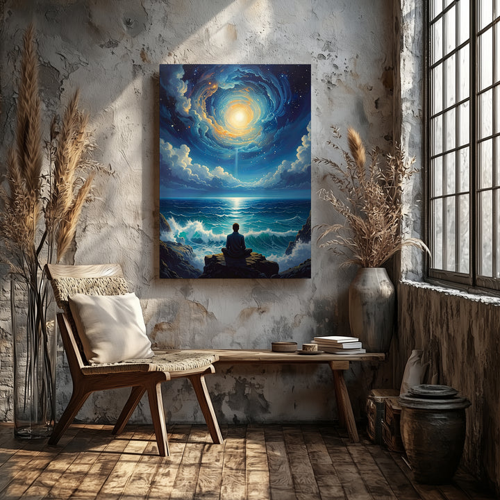 Meditative Ocean Canvas – Tranquil Figure & Spiritual Cosmic Connection Art - Gifitto