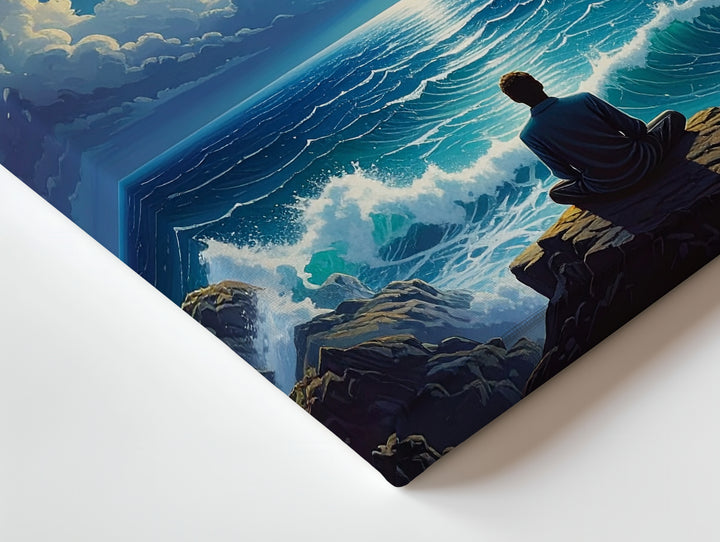 Meditative Ocean Canvas – Tranquil Figure & Spiritual Cosmic Connection Art - Gifitto