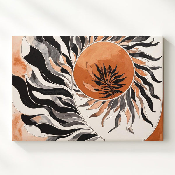 Sunburst Vitality Canvas – Terracotta Sun with Black Plant Silhouette - Gifitto