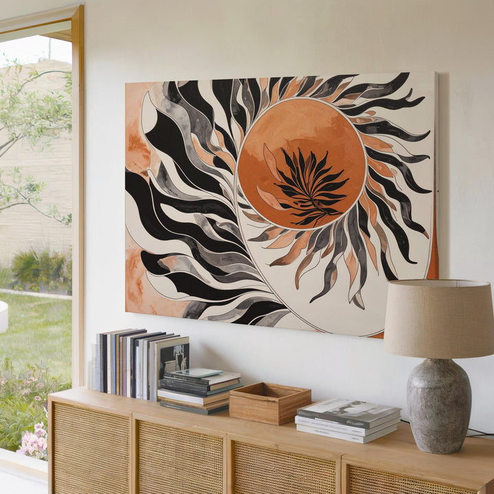 Sunburst Vitality Canvas – Terracotta Sun with Black Plant Silhouette - Gifitto