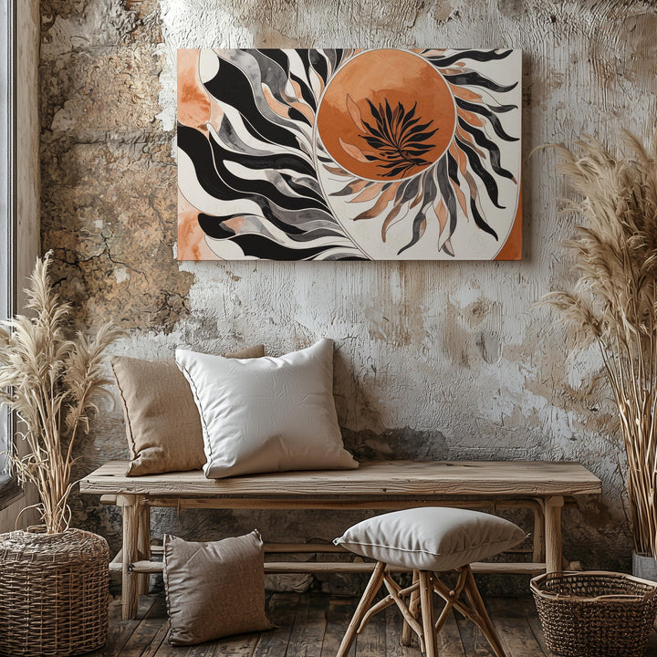 Sunburst Vitality Canvas – Terracotta Sun with Black Plant Silhouette - Gifitto