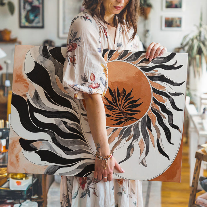 Sunburst Vitality Canvas – Terracotta Sun with Black Plant Silhouette - Gifitto