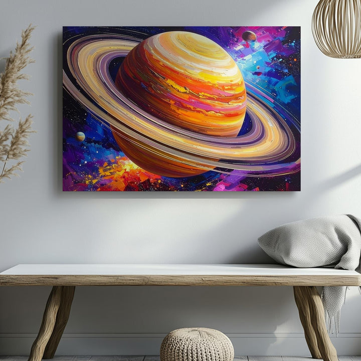 Saturn in Motion Canvas – Abstract Space Art with Colorful Cosmic Brushstrokes - Gifitto