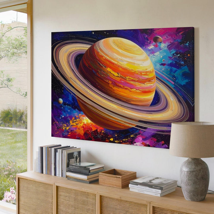 Saturn in Motion Canvas – Abstract Space Art with Colorful Cosmic Brushstrokes - Gifitto