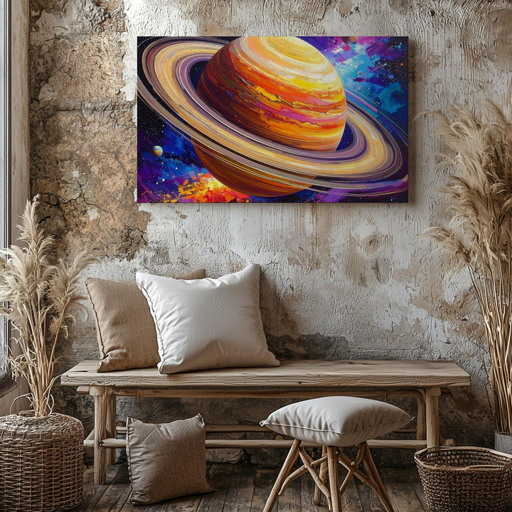 Saturn in Motion Canvas – Abstract Space Art with Colorful Cosmic Brushstrokes - Gifitto