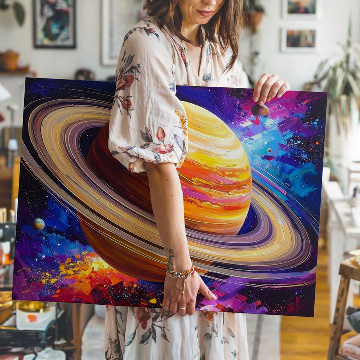 Saturn in Motion Canvas – Abstract Space Art with Colorful Cosmic Brushstrokes - Gifitto