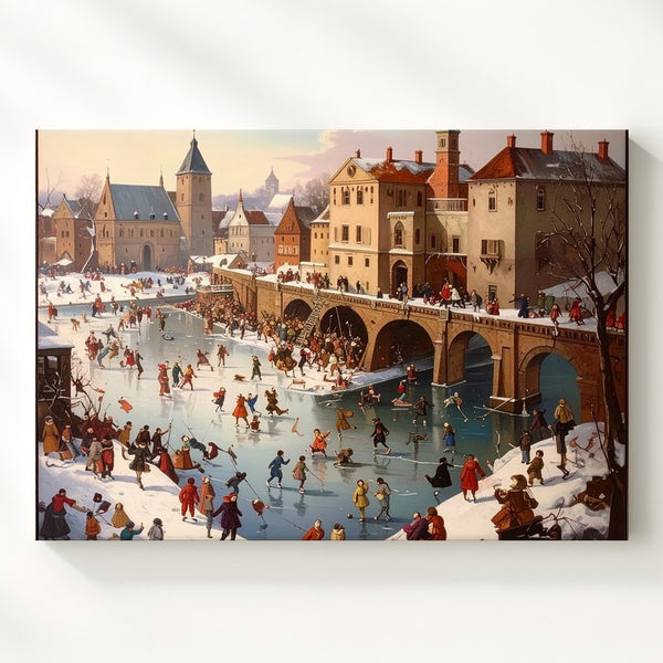Winter Village Festival Canvas – Nostalgic Ice Skating Holiday Scene Wall Art - Gifitto