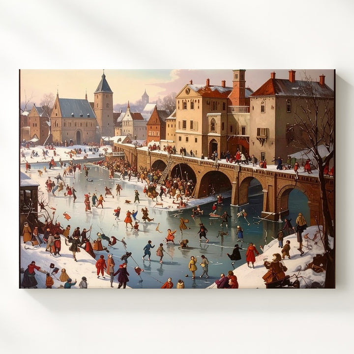 Winter Village Festival Canvas – Nostalgic Ice Skating Holiday Scene Wall Art - Gifitto