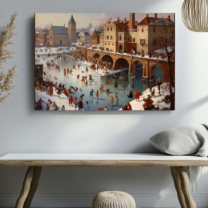 Winter Village Festival Canvas – Nostalgic Ice Skating Holiday Scene Wall Art - Gifitto