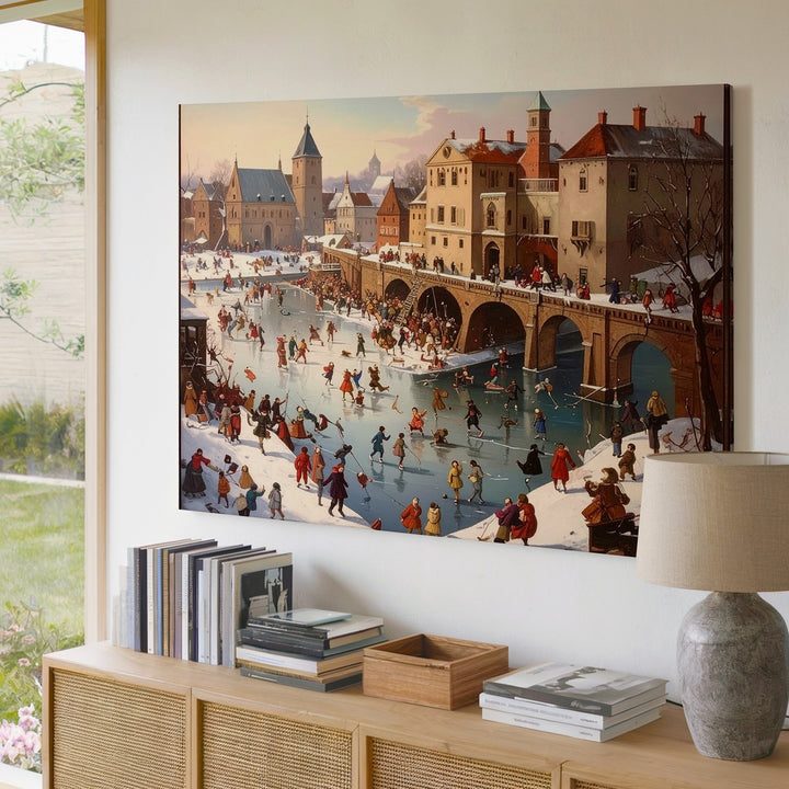 Winter Village Festival Canvas – Nostalgic Ice Skating Holiday Scene Wall Art - Gifitto
