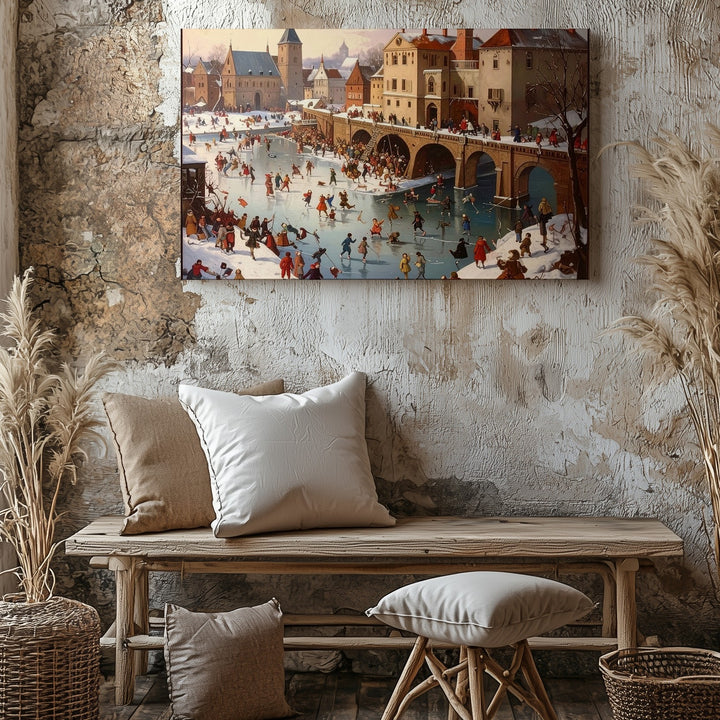 Winter Village Festival Canvas – Nostalgic Ice Skating Holiday Scene Wall Art - Gifitto