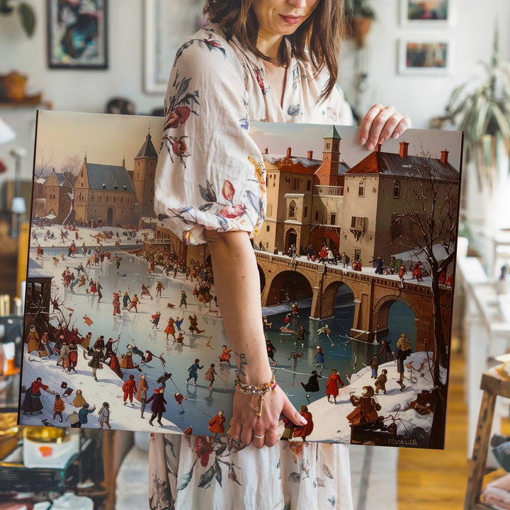 Winter Village Festival Canvas – Nostalgic Ice Skating Holiday Scene Wall Art - Gifitto