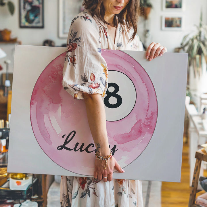 Lucky 8 Pool Ball Canvas – Minimalist Pink Watercolor Art - Gifitto