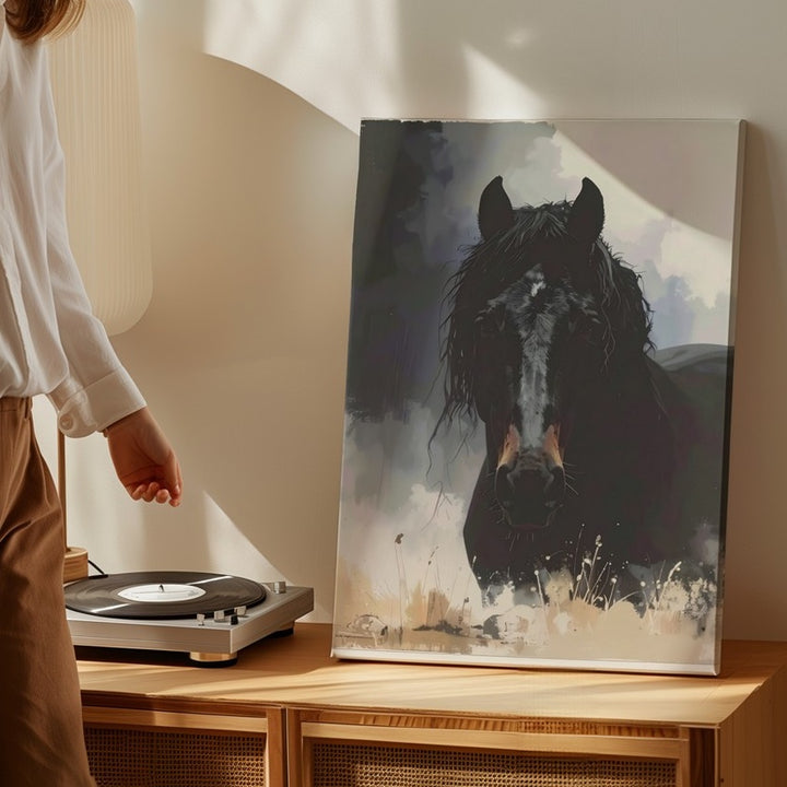 Shadowborn Majesty Canvas – Gothic Black Horse in Mist - Gifitto